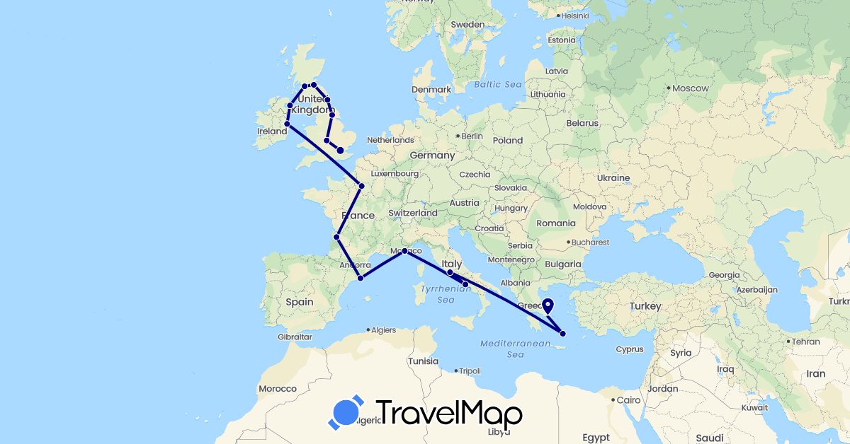 TravelMap itinerary: driving in Spain, France, United Kingdom, Greece, Ireland, Italy (Europe)