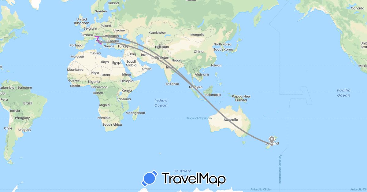 TravelMap itinerary: driving, plane, train in Italy, New Zealand, Singapore (Asia, Europe, Oceania)